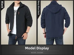 Front and back view of hooded outdoor jacket with chest zipper and elastic cuffs