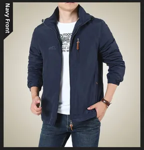 Front view of navy blue outdoor jacket with stand collar and zipper pockets