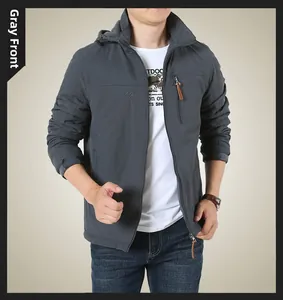 Front view of men's grey outdoor jacket featuring embroidered logo and zipper detail