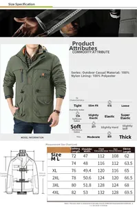 Detailed size chart for men's outdoor jacket with precise measurements and fabric specifications