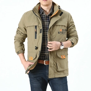 Men's khaki fleece-lined hooded jacket with multi-pocket design and utility workwear style