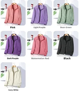 Detail view of seven color options for women's fleece zip-up jackets with plush lining