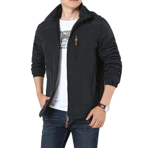 Men's black windproof hooded outdoor jacket with chest zipper pocket and warm fleece lining