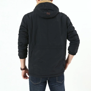 Men's winter heavy black hooded parka with warm fleece lining and windproof outer shell