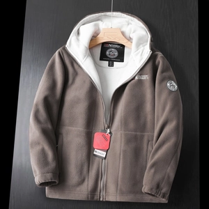 Brown hooded fleece jacket with thick thermal lining and outdoor Norway chest embroidery