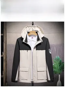 Detail view of water-resistant outdoor jacket with contrast panels and functional pockets