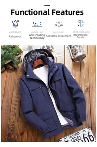Detail of waterproof outdoor jacket showing multi-pocket layout on dark blue fabric