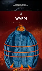 Detail of blue outdoor jacket with warm mink fleece lining and thick thermal insulation