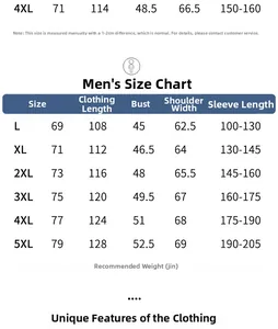 Size chart for men's fleece jacket showing measurements from size L up to 5XL