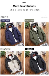 Detail showing four colors of waterproof hooded outdoor jackets on dark wood background