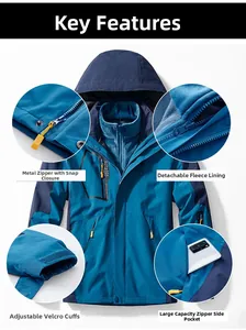 Detail view showing metal zippers, fleece lining, and adjustable velcro cuffs on jacket