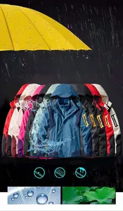 Détail de vestes 3-en-1 imperméables multicolores montrant le tissu résistant à la pluie