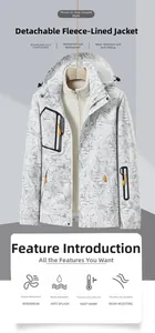 Detail view of the waterproof 3-in-1 jacket featuring outdoor text and foliage patterns