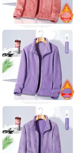 Detail of soft polar fleece jacket showing standing collar and zip-up texture for women