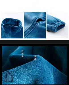 Detail of blue mink velvet jacket showing zipper quality, collar finish and warm fabric texture
