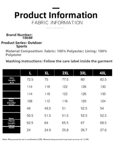 Detailed size chart for outdoor waterproof jacket including measurements for L to 4XL sizes