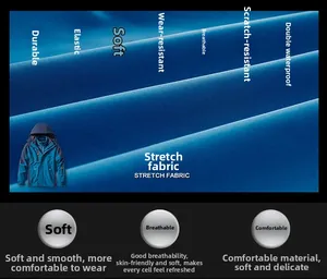 Macro view of blue waterproof outdoor jacket fabric showing stretch and breathable texture