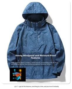 Close-up of blue leaf print windbreaker featuring high-density windproof fabric