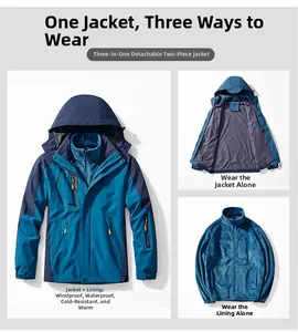Three-in-one outdoor jacket detail showing waterproof shell and detachable fleece inner