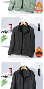 Detail view of thickened fleece lining and stand collar on unisex thermal cardigan jacket