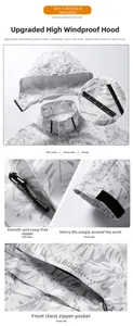 Detail of windproof jacket featuring detachable hood and adjustable velcro cuffs