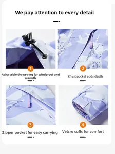 Détails de capuche ajustable, poches zippées et poignets velcro sur veste d'extérieur