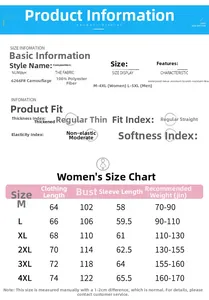 Detailed size chart for women's waterproof camouflage hooded jacket with precise measurements