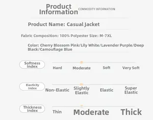 Size chart and fabric details for 3-in-1 windproof jacket in sizes M to 7XL