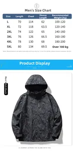 Men's camouflage windbreaker size chart including length, chest, and weight recommendations