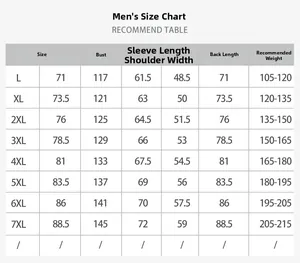 Detailed size chart for men's 3-in-1 jacket showing length, bust, and sleeve measurements