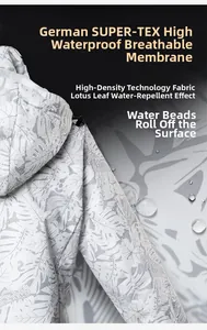 Détail du tissu imperméable de veste camouflage avec motif de feuilles et perles d'eau