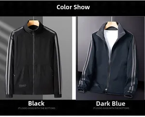 Detail of reversible windproof outdoor jackets in black and navy with side stripes