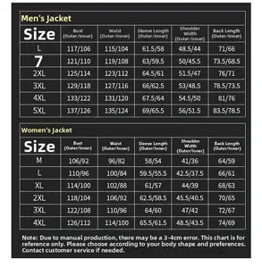 Detailed size chart for men and women outdoor 3-in-1 waterproof hooded jacket