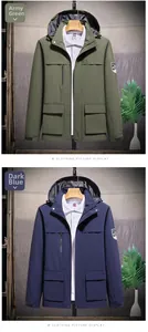 Detail of outdoor hooded jackets in army green and dark blue with tactical cargo pockets