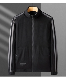 Detail of outdoor windbreaker jacket showing striped sleeves and zip pockets