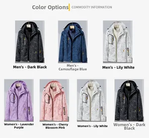 Detailed color selection for 3-in-1 waterproof jackets in diverse camo and solid tones
