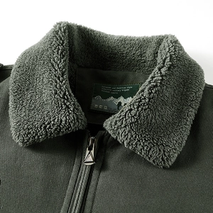 Army green winter flight jacket with thick gray fleece collar and textured outer fabric