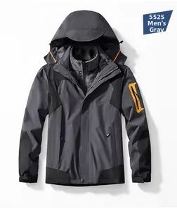 Détail de la veste d'extérieur grise pour hommes avec zips oranges et doublure polaire