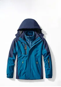 Detail of 3-in-1 waterproof jacket showing denim blue shell and fleece liner for men
