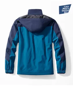 Rear view of denim blue and navy three-in-one outdoor jacket with adjustable hood