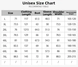 Tableau des tailles détaillé pour veste camouflage 3-en-1 du L au 7XL avec mesures