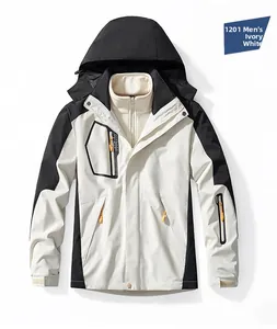 Detail of waterproof 3-in-1 outdoor jacket with fleece liner and ivory white contrast