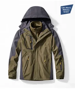 Close-up of army green outdoor jacket featuring waterproof fabric and outdoor logo