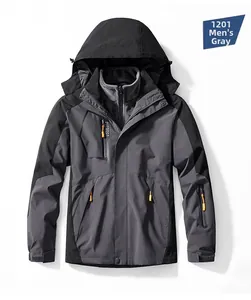 Detail of men's 3-in-1 outdoor jacket in dark grey with orange zippers and fleece liner