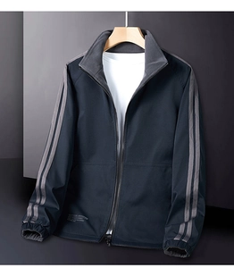 Close-up of the grey fleece lining on the stand-up collar and the zipper of the blue jacket