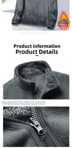 Detail of warm fleece lining and stand collar on a dark gray winter cardigan jacket