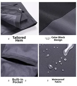 Detailed outdoor jacket features including waterproof fabric and color-block design