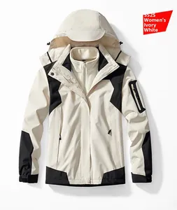 Détail de la veste outdoor 2-en-1 blanc ivoire avec capuche amovible et poches zippées