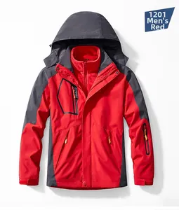 Close-up of red three-in-one outdoor jacket showing contrast zipper and fleece lining
