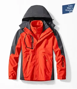 Detail view of the orange and grey waterproof 3-in-1 outdoor jacket with hood